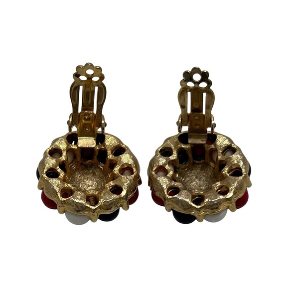 Red White & Blue Bead Cluster Gold Tone Rope Center Clip-on Earrings Vintage - Picture 3 of 4